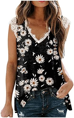 Kadın Dantel Ekleme Kap Kollu Gömlek Şık Sevimli Kirpik Trim V Boyun Tunik Üstleri Yaz Çiçek Kelebek Grafik Tees Bluz