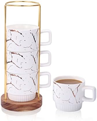 Raflı ve ahşap Tabanlı LURRİER Porselen İstiflenebilir Kahve Kupa Seti, Mermer Desenli El Yapımı Kahve Fincanı Seti,