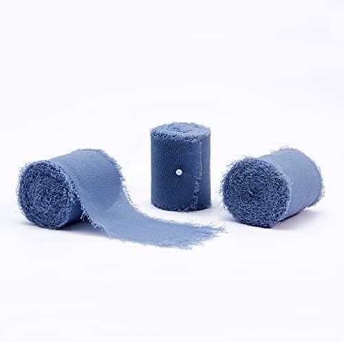 3 Rolls Tozlu Mavi Şifon Şerit 2 x 5.5 Yd Yıpranmış İpek Şifon Kumaş Şerit Düğün Buketleri için, hediye Sarma
