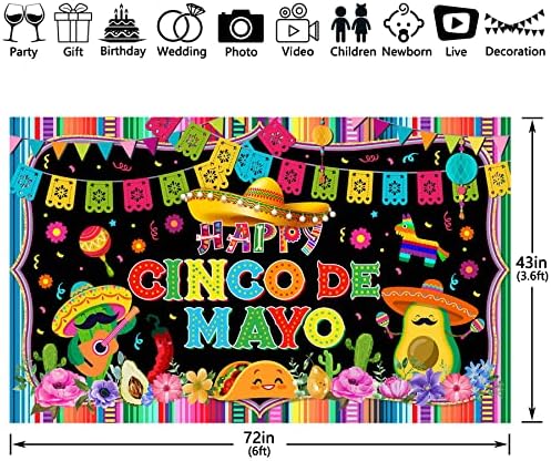Swepuck 72x43 inç Mutlu Cinco De Mayo Zemin Meksika Fiesta Tema Arka Plan Karnaval Parti Süslemeleri Renkli Çizgili