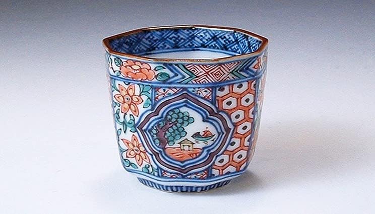 Kyo-yaki. Japon Sake guinomi kupası ıroesansui. Ahşap kutu. Porselen.