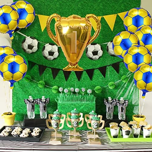 6 Pcs Futbol Parti Balonlar Set, Şampiyonası Trophy Balon ve Sarı Mavi Futbol Folyo Balonlar için Doğum Günü Bebek