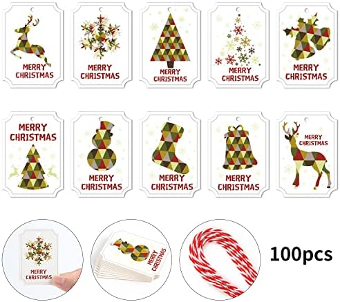 LOKİPA Noel Kraft Kağıt Hediye Etiketleri, 230 feet Dize ile 100 Adet Beyaz Noel Etiket Hediye Etiketi