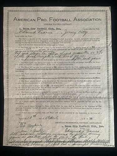 Ed Franco tarafından imzalanan 1938 Amerikan Profesyonel Futbol Federasyonu Sözleşmesi-NFL İmzaları Kesti