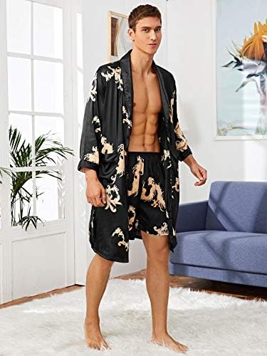SOLY HUX erkek İpek Bornoz Uzun Kollu Saten Kimono Bornoz Şort Pijama Pijama Seti