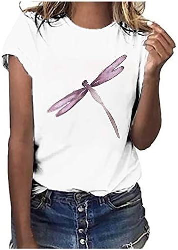 Yaz Üstleri Kadınlar için Rahat Moda Yusufçuk Baskı Crewneck T Shirt Gevşek Fit Kısa Kollu Bluz Sevimli Grafik Tee