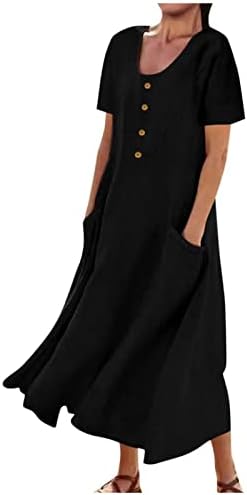 PIMOXV Büyük Boy Yaz Elbiseler Kadınlar için %2023 Pamuk Keten T Shirt Elbise Cepler ile Akan A-Line Plaj Güneş Elbise