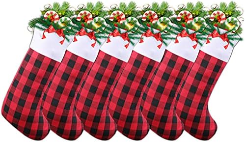 Uneam Noel Çorap 6 Paket 18 İnç Buffalo Ekose Noel Çorap Beyaz Peluş Trim Klasik Kişiselleştirilmiş Büyük Çorap Süslemeleri