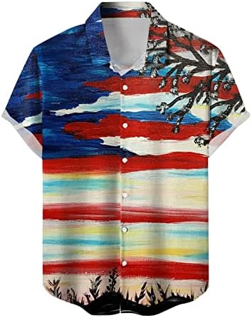 Ejderha Düğmesi Aşağı erkek Rahat Amerikan Bağımsızlık Günü Baskı Patchwork Baskı Gömlek Kısa Kollu Gömlek Casual