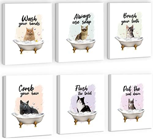KAİRNE Komik Kedi Banyo Duvar Sanatı, Siyah Kedi Resim, Kedi Küvet Posterler set (8”X 10”,çerçeveli), çocuk Tuvalet