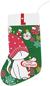 Monogram Santa Kedi Noel Çorap ile Mektup L ve Kalp 18 İnç Büyük Yeşil ve Beyaz