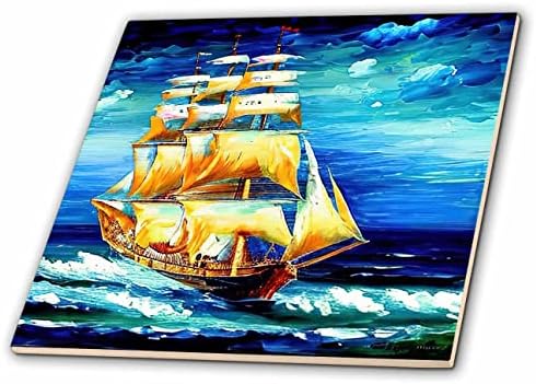 3dRose Uzun gemi dijital sanatı. Fırtınadan etkilenen gemi tam yelkende. Taze rüzgar-Fayans (ct-375652-4)