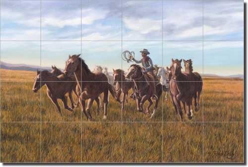 Ralph Delby tarafından Sabah Sürüsü-Kovboy Atları Seramik Karo Duvar 17 x 25.5 Mutfak Duş Backsplash