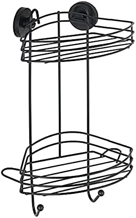 WENKO Vacuum-Loc® Köşe Rafı Çatı Katı Tarzında Boyalı Çelikten Yapılmış 2 Katlı ve 2 Kancalı 2 Katlı Siyah Duş Rafı,