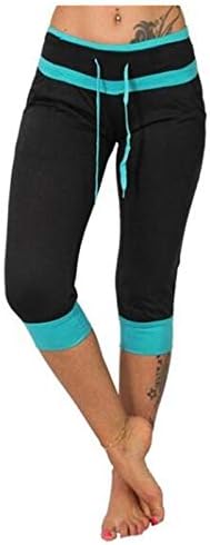 VOWUA kadın Capri Kırpılmış Tayt Yüksek Belli Yoga Pantolon İpli Renk Bloğu Egzersiz Koşu Jeggings Tayt