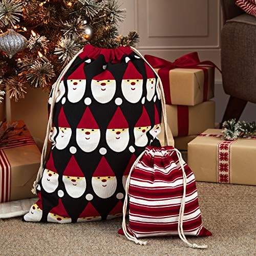 Hallmark Siyah ve Kırmızı İpli noel hediyesi Çanta seti (İpli 2 Kumaş Çanta; 1 Orta 10, 1 Büyük 19) Noel Baba ve Çizgili