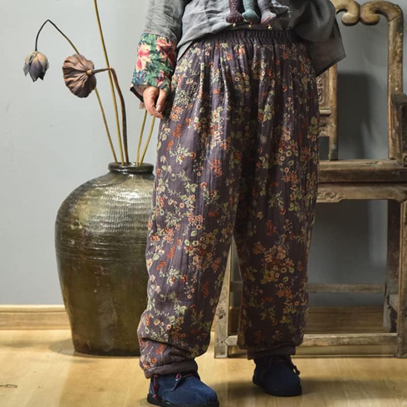 UKTZFBCTW Sıcak Kış Baskı Keten Pamuk Yastıklı Büyük Boy Geniş Bacaklı Pantolon Gevşek Casual Cepler Kadın Kalın Pantolon