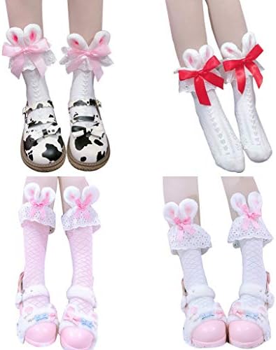 Xdodnev Lolita Kawaii Pamuk Ekip Çorap Peluş Tavşan Tavşan Kulakları Yay Dantel Anime Çorap, Pembe
