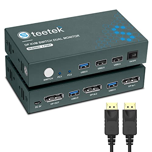 Steetek 2 Bağlantı Noktalı DP USB 3.0 KVM Anahtarı 4K@60Hz, KVM Anahtarı Displayport 2'si 1 Arada. 2 Bilgisayar Paylaşımı
