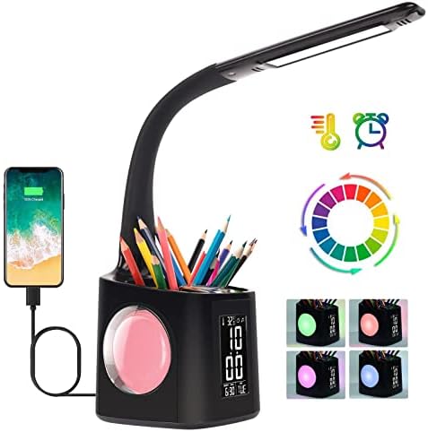 wanjıaone LED masa lambası ile Saat, Renk Değiştirme Nightlight, Kalem Tutucu ile çalışma lambası, USB şarjlı masa