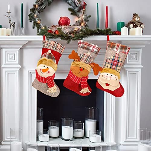 Qpout Noel Çorabı 3'lü Set, Kişiselleştirilmiş Noel Çorabı Kırmızı Kareli (Santa Kardan Adam Ren Geyiği) Noel Süsü