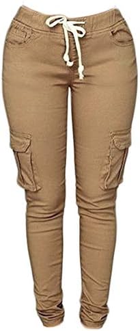Andongnywell kadın Rahat Düz Renk Yoga Pantolon Sıska Spor Pantolon Çoklu Cepler ile Slim Fit Pantolon