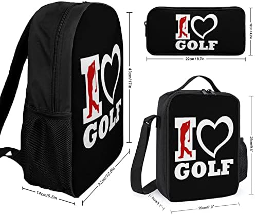 I Love Golf okul sırt çantası Seti 3 Adet Kolej Bookbag Hafif Öğle Yemeği Çantası ve Kalem Kutusu Öğrenci için
