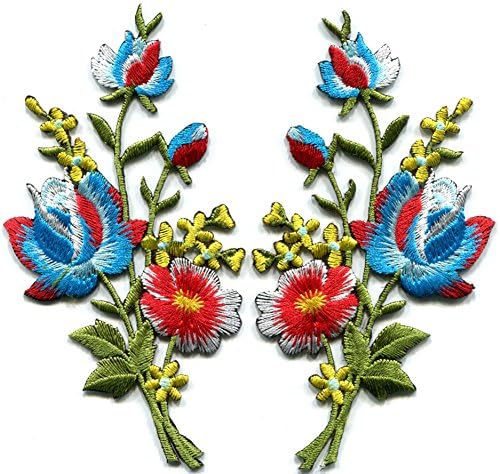 Pamuk Şeker mavi kırmızı güller çift çiçekler çiçek buketi boho işlemeli aplikler demir-ons yamalar yeni