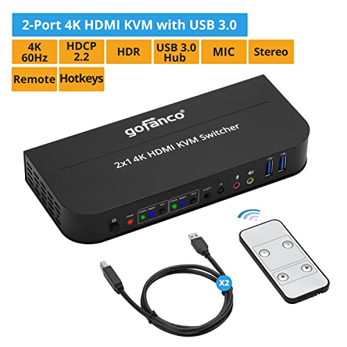gofanco USB 3.0 – 4K @60Hz ile 2 Bağlantı Noktalı HDMI KVM Anahtarı 4:4: 4, 18 Gbps, HDR, 3D, HDCP 2.2 / 1.4, USB