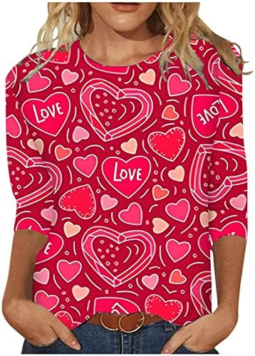 Sevgililer Gömlek Kadınlar için Sevimli Tatil Bluz 3/4 Kollu Crewneck Rahat Şık Tunik Üst Ditsy Kalp Baskı T-Shirt