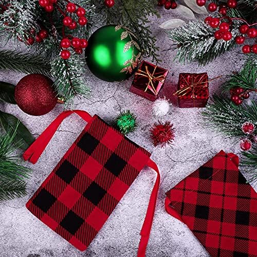Aneco 24 Parça Mini Buffalo Ekose Noel Çanta 5. 9x3. 9 İnç Kırmızı ve Siyah Pamuk Noel Mevcut İpli Çanta ile 24 Parça