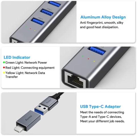 Aceele USB'den Ethernet Adaptörüne, USB C'den Ethernet'e, RJ45 10/100/1000 Gigabit Ethernet Adaptörlü Alüminyum USB