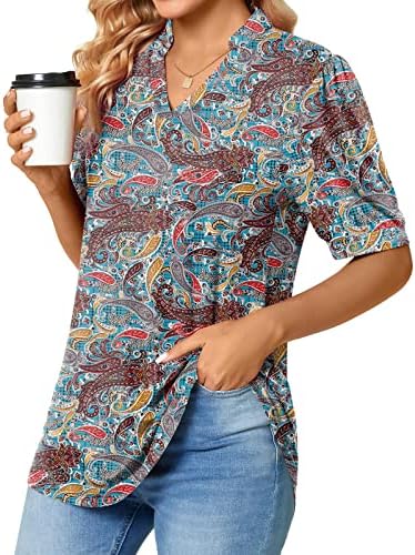 Anyally Bayan Yaz Puf Kısa Kollu Üstleri Şık Rahat V Yaka T-Shirt Sevimli Bluz İş için