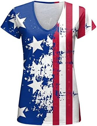 4th Temmuz Gömlek Kadınlar için Yaz Rahat Amerikan Bayrağı T Shirt Kısa Kollu V Boyun Çizgili Kravat Boya Vatansever