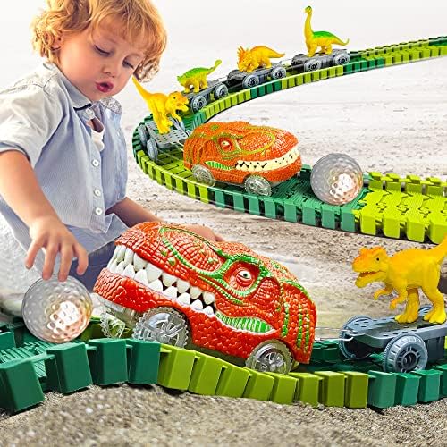 Dinozor Oyuncakları-195 adet Dino Tren Yolu Seti Bir Dinozor Dünyası Yol Yarışı Yaratın-Esnek Parça Oyun Seti, 1 Yarış