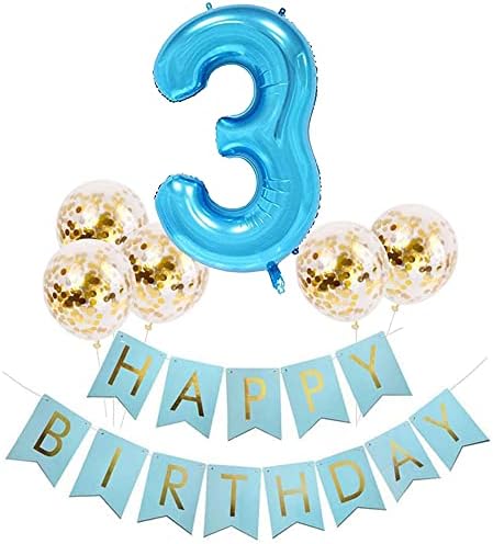 Tellpet Mavi Numarası 3 Balon + Mutlu Doğum Günü Banner İle 5 Pcs Altın konfeti balonları, Mutlu Doğum Günü Süslemeleri