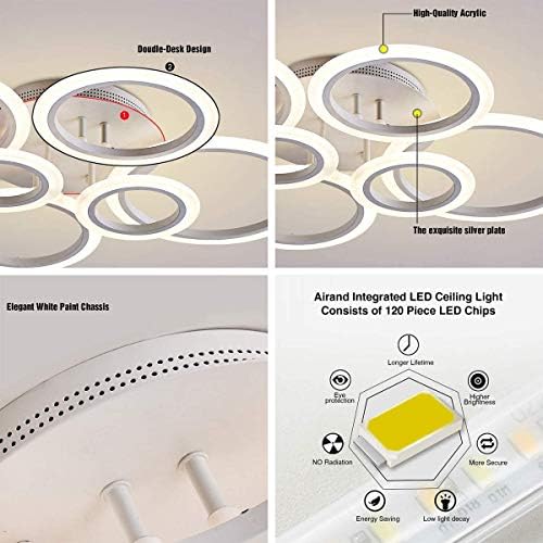 OUQI LED tavan ışık, Vander hayat 72 W LED tavan lambası 6400LM beyaz 6 yüzükler aydınlatma armatürü için oturma odası,
