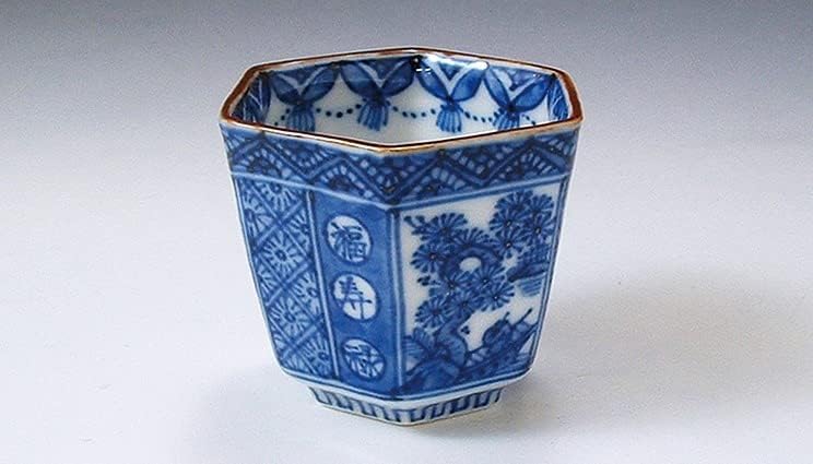 Kyo-yaki. Japon Sake guinomi kupası Shonzuisansui. Ahşap kutu. Porselen.