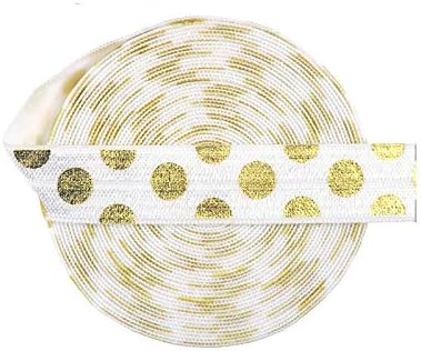 50 100 Yard Rulo 5/8 15Mm Altın Polka Dot Folyo Baskı Foldover Elastik Spandex Bant Saç Kravat Dikiş Trim Beyaz 100