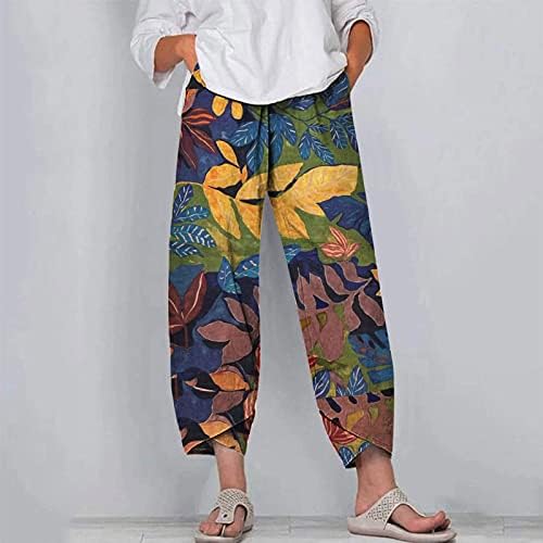 AIHOU plaj pantolonları Kadınlar için 2023 Kadın Hafif Baskılı Keten kapri cepli pantolon Kırpılmış Gevşek Fit Pantolon