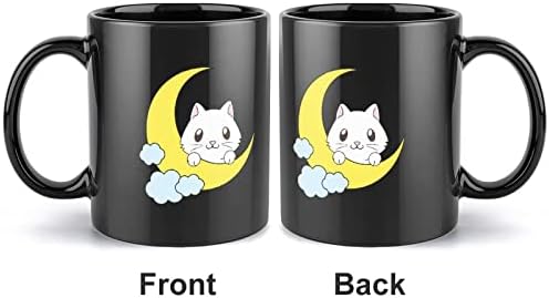 Sevimli Kedi Ay Baskı Seramik Kupa kahve bardağı çay bardağı Komik Hediye Ofis Ev için Kadın Erkek (Siyah 1 Adet 11
