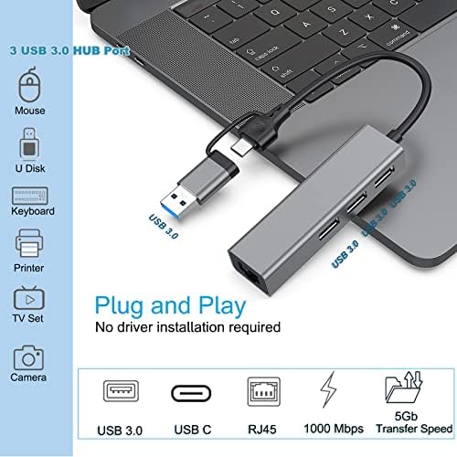 USB C ethernet adaptörü, 3 Port USB 3.0 Hub ile RJ45 1000 Mbps Ethernet Dönüştürücü, yükseltme Alüminyum Kabuk için