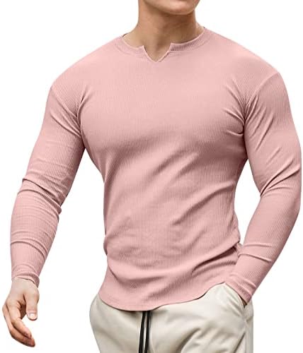 Erkek Örgü Kaburga spor T-Shirt Kas Slim Fit Elastik Henley V Boyun Üstleri Atletik Spor Egzersiz Uzun Kollu Gömlek