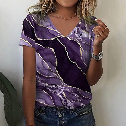 Bayan Üstleri Şık Rahat, kadın Kısa Kollu V Boyun T-Shirt Yaz Sevimli Baskılı Gömlek Casual Hafif Gevşek Bluzlar