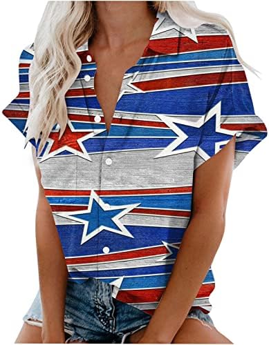 Kadın 4th Temmuz Düğme Aşağı Gömlek Patriots Tatil Bluz Haddelenmiş Kollu Yakalı Tees Amerikan Bayrağı Baskılı Üstleri