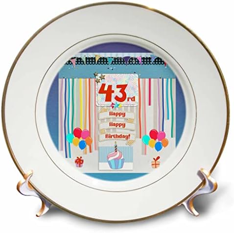 43. Doğum Günü Etiketinin 3dRose Görüntüsü, Kek, Mum, Balonlar, Hediye, Flamalar - Tabaklar (cp_359604_1)